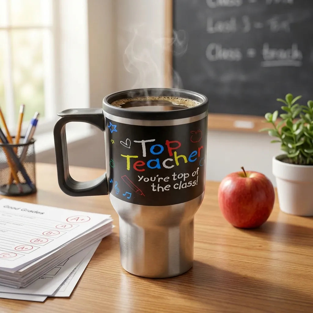 Stainless steel coffee mug with black lid and handle, colorful teacher text graphic.