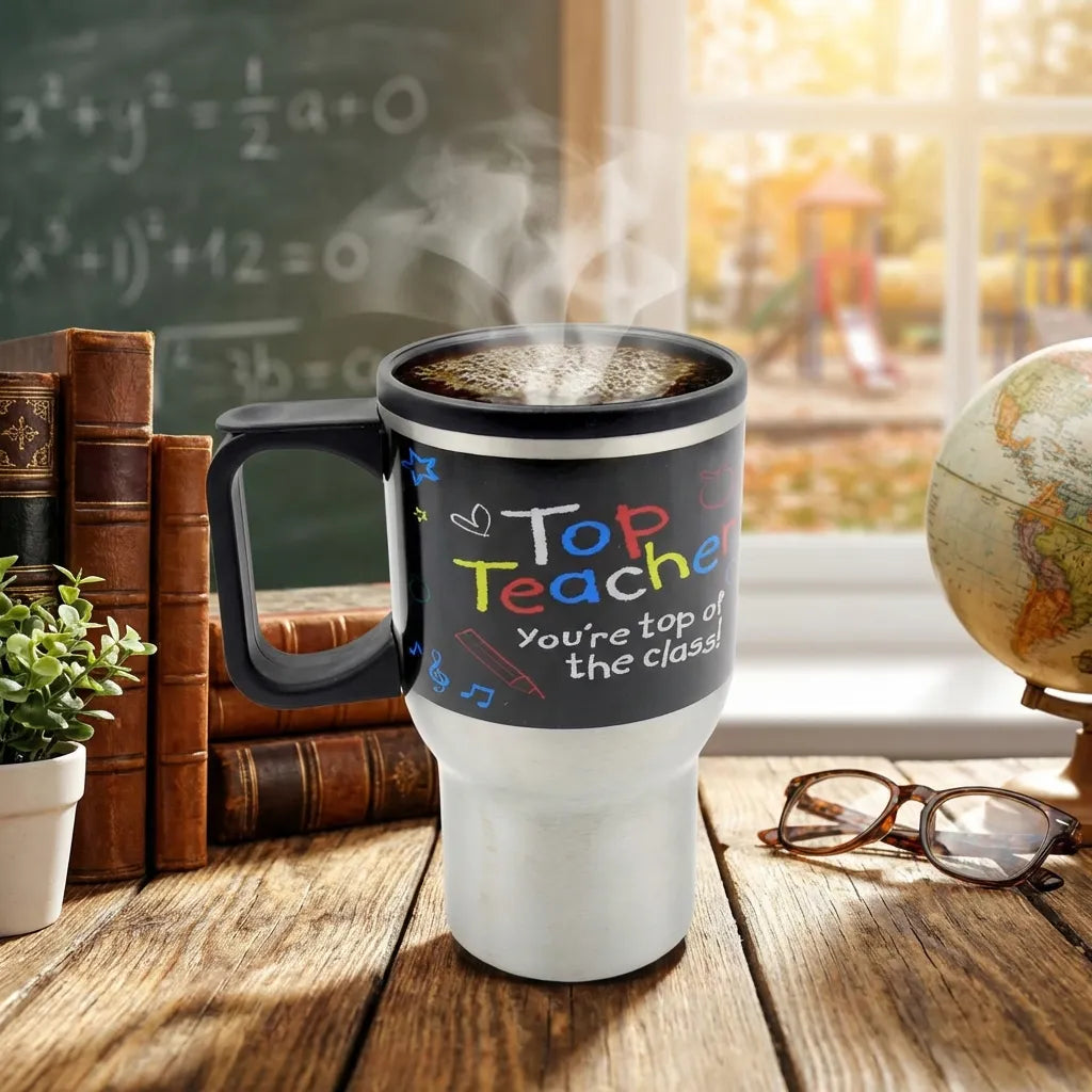 Stainless steel coffee mug with black handle and lid, teacher print on front.