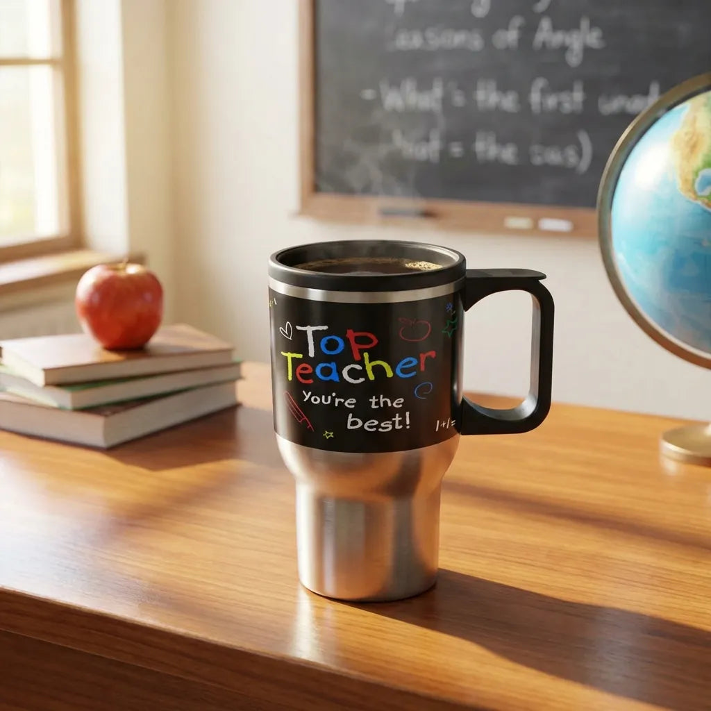 Stainless steel travel coffee mug with black lid and handle, "Top Teacher" print.
