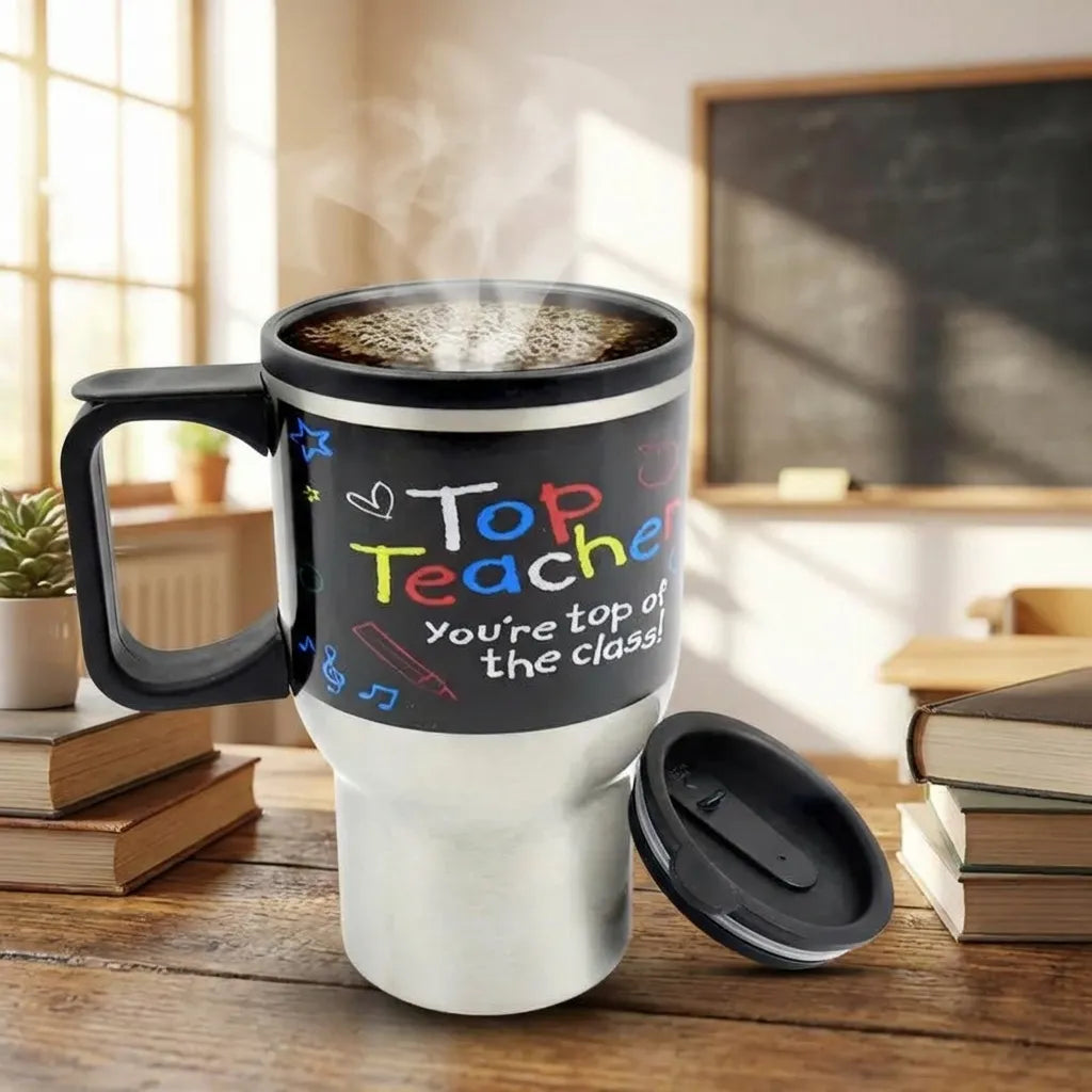 Stainless steel coffee mug with black lid and handle, teacher design with steam.