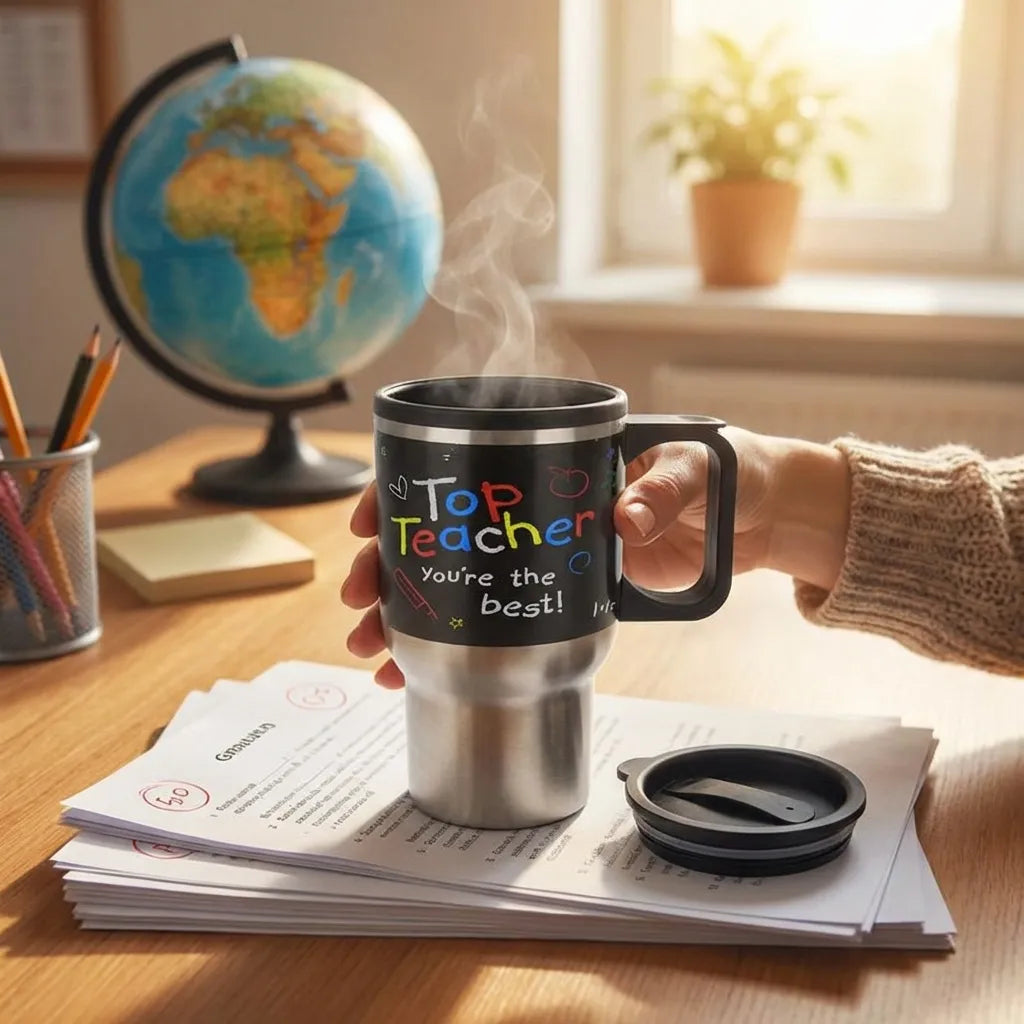 Stainless steel coffee mug with black lid and handle, teacher-themed printed graphic.