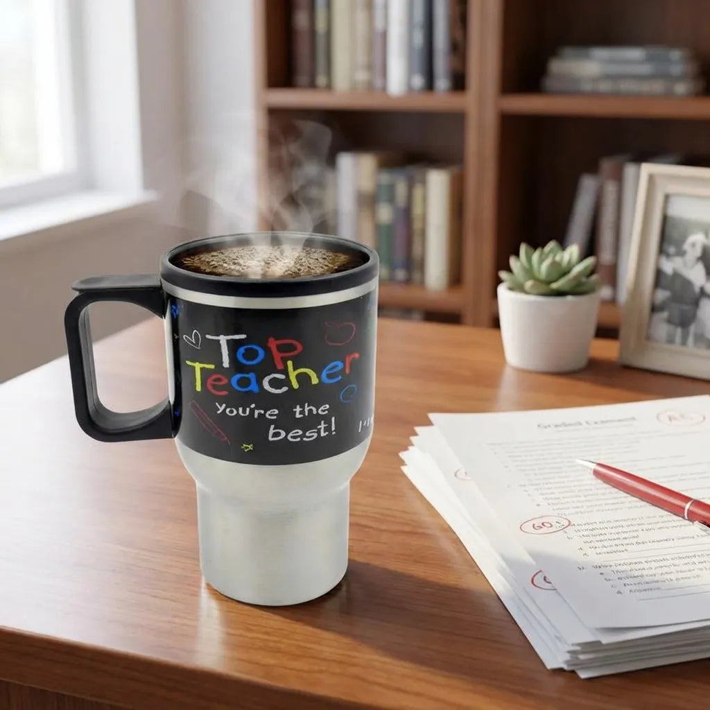 Stainless steel coffee mug with black lid and handle, teacher graphic on front.