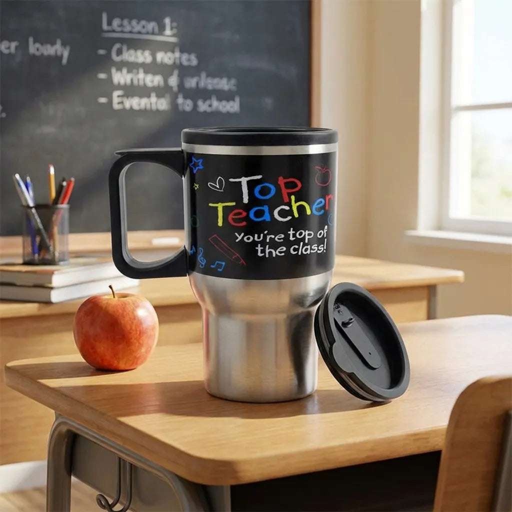 Stainless steel coffee mug with black handle and separate lid, teacher print.