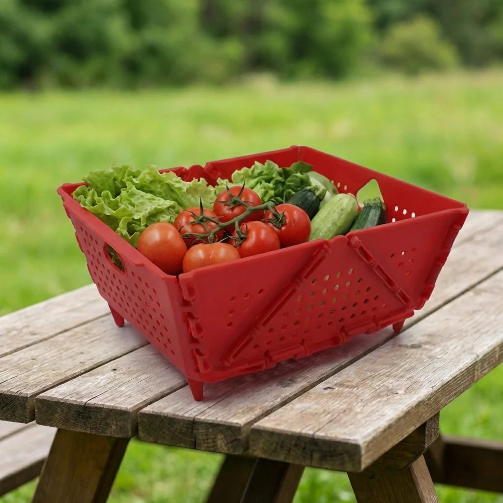 Compact kitchen storage rack, red perforated crate filled with fresh vegetables