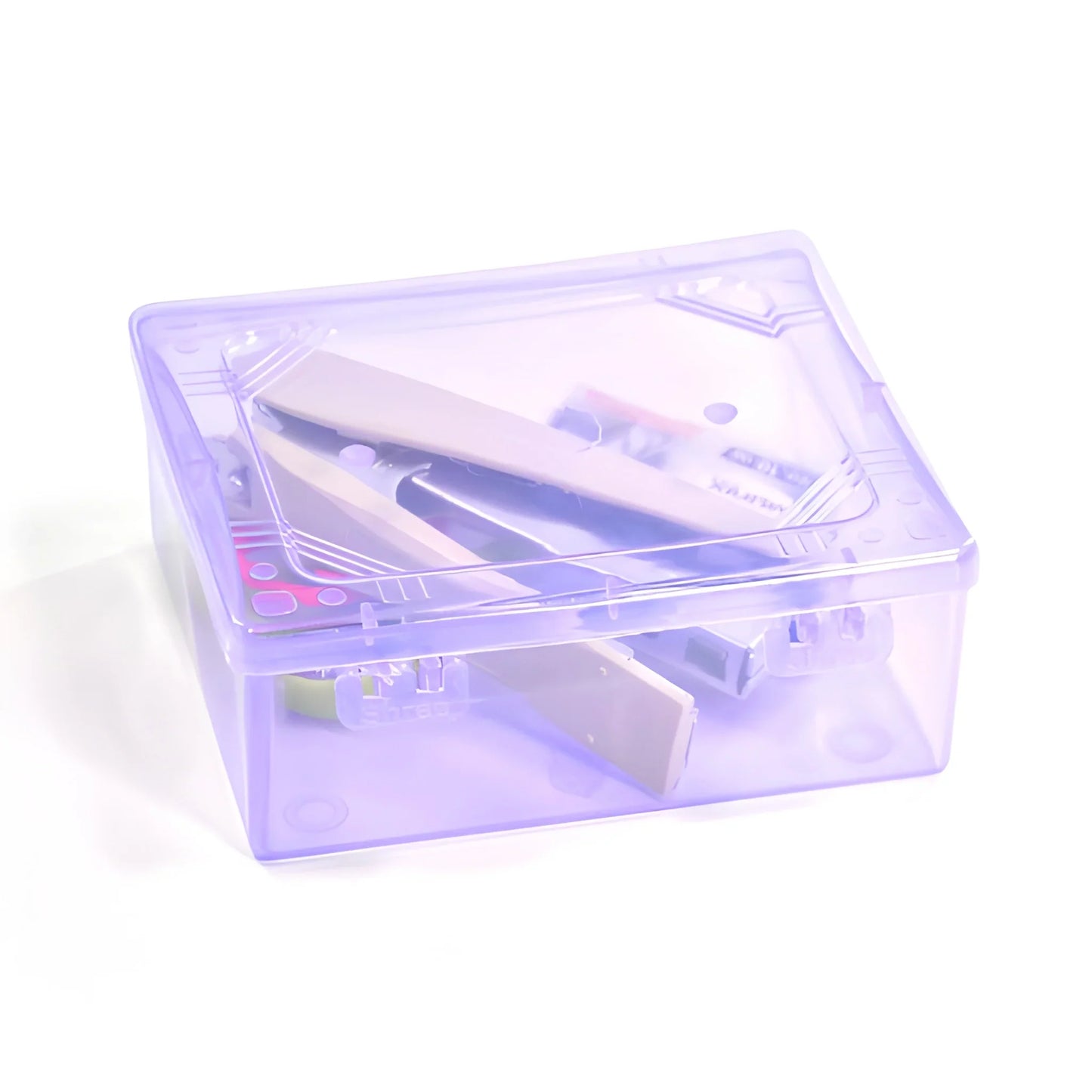 Compact storage container with transparent lid and purple base