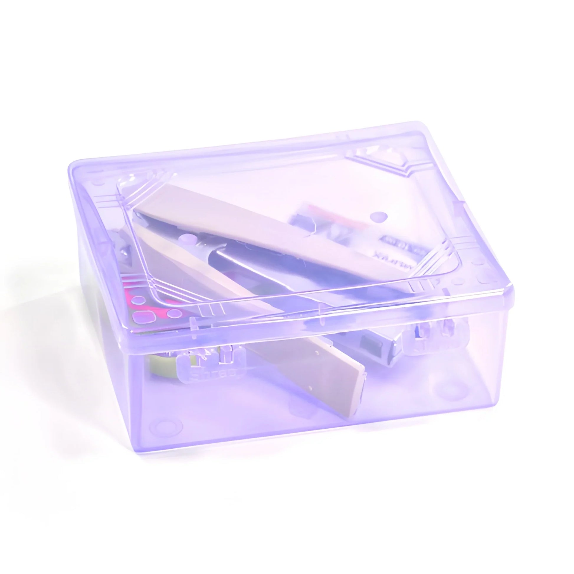 Compact storage container with transparent lid and purple base