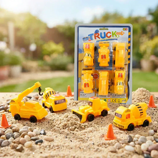 Construction toy car set with yellow truck, roller, and excavator vehicles
