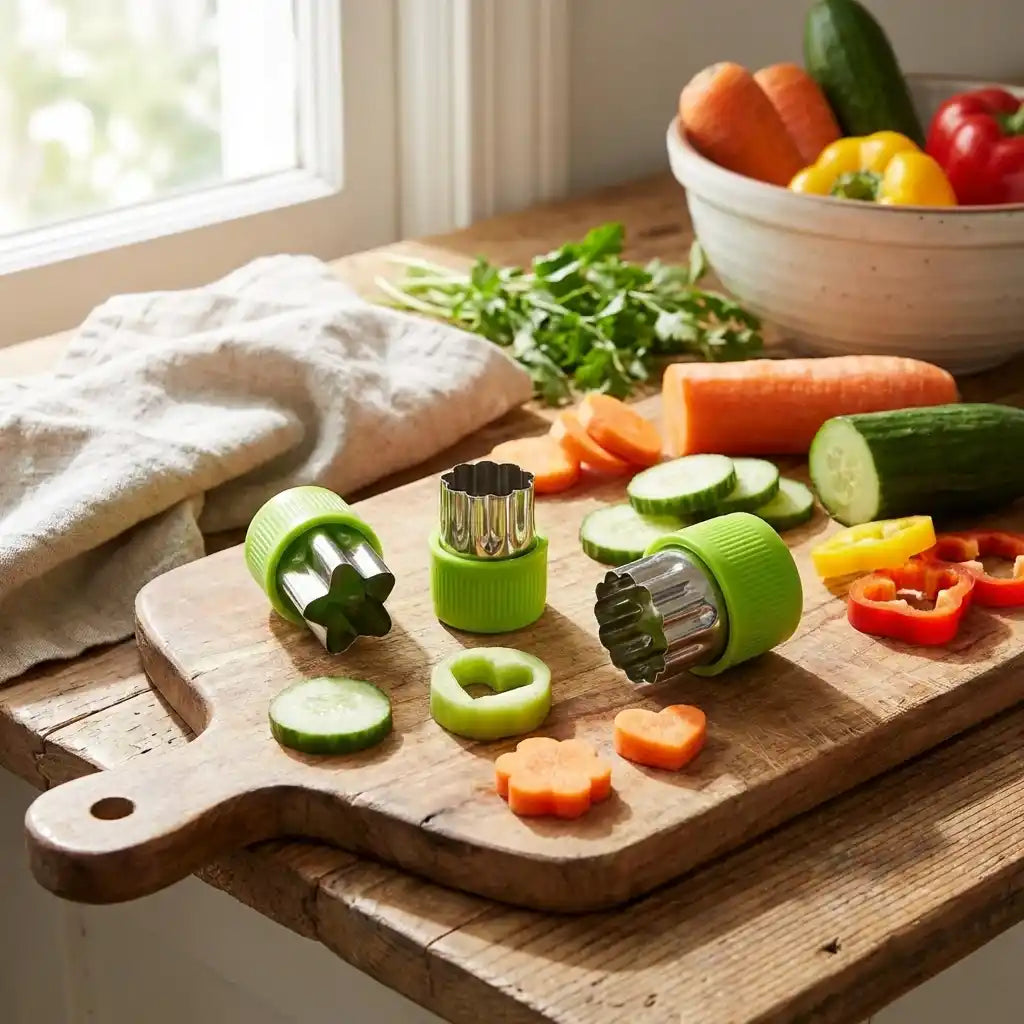 Cookie cutter set with green grips and metal cutters on a wooden board with veggie pieces