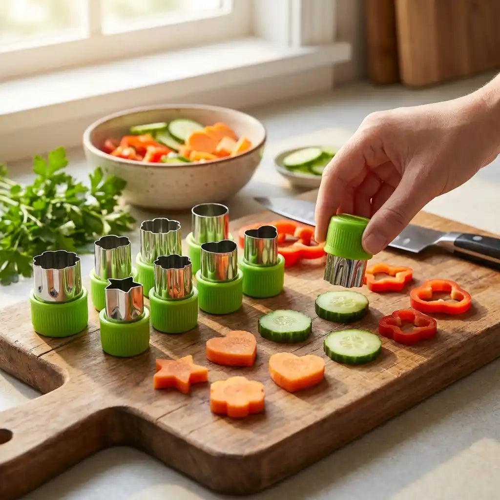Cookie cutter set with green holders and metal cutters surrounded by sliced vegetables