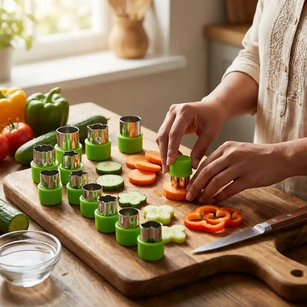 Cookie cutter set placing veggie shapes with green holders and silver metal cutters