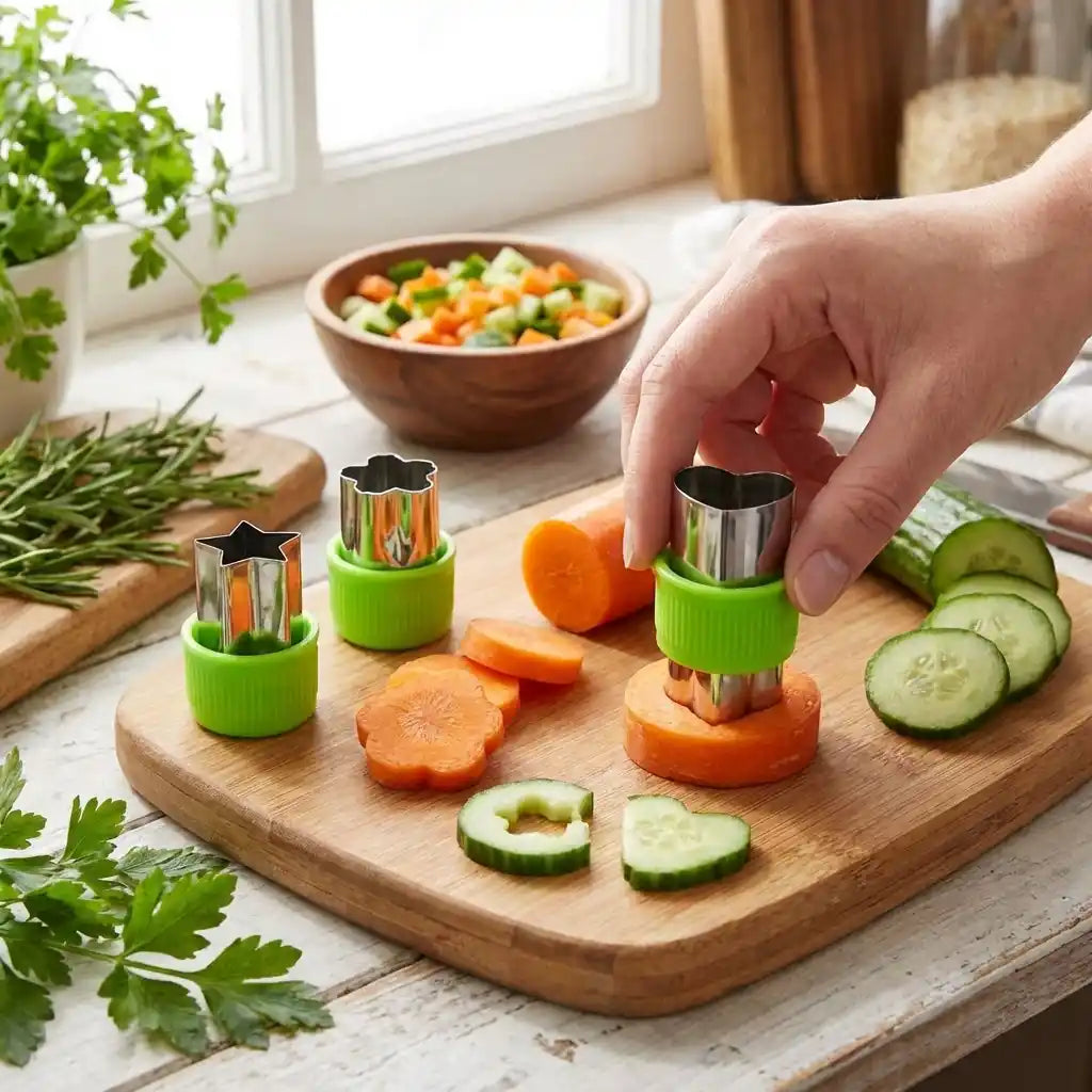 Cookie cutter set with green handles and metal edge cutting orange and carrot shapes