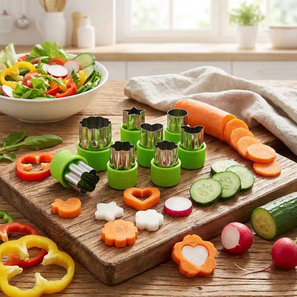 Cookie cutter set with green sleeves and silver cutters making heart and flower shapes
