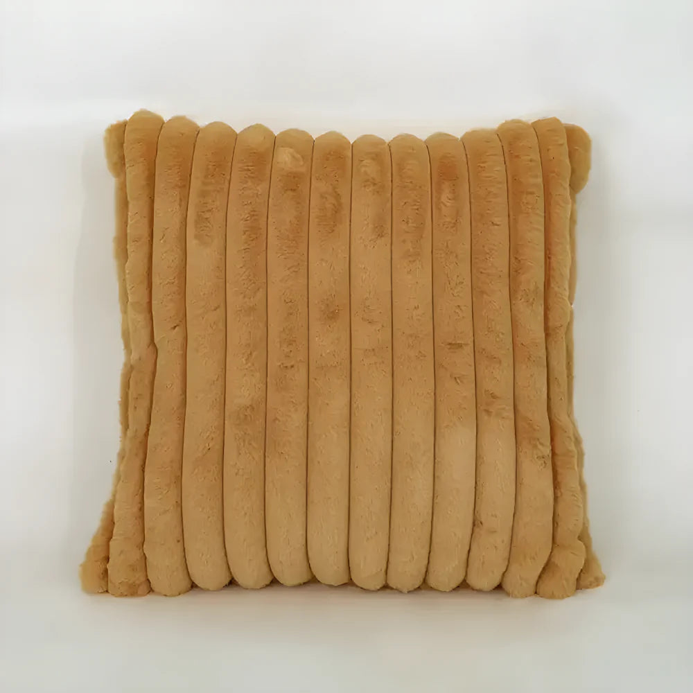 Corduroy pillow cover in tan with vertical ribbed texture, square shape.