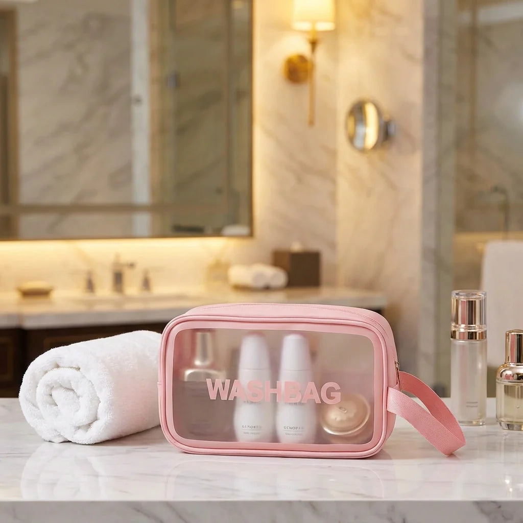 Pink cosmetic wash bag with clear front and zipper, wrist strap, WASHBAG logo