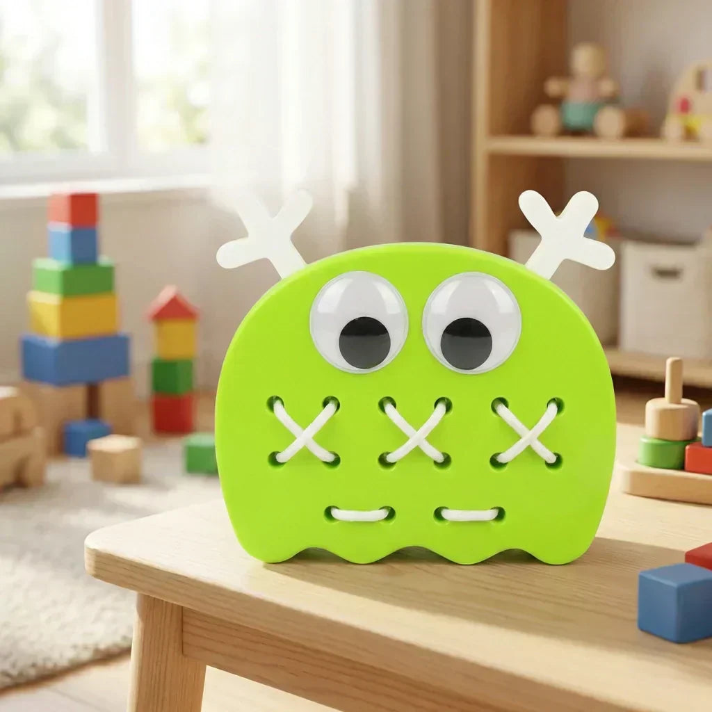 Green stitched puzzle toy with big eyes and cross-stitch details