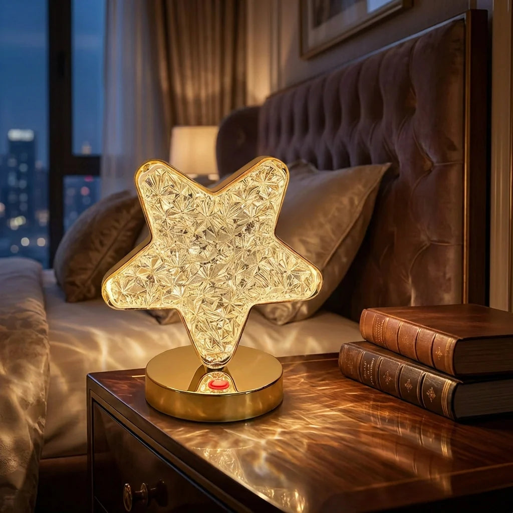 Star-shaped crystal lamp with golden glass cutout and round base