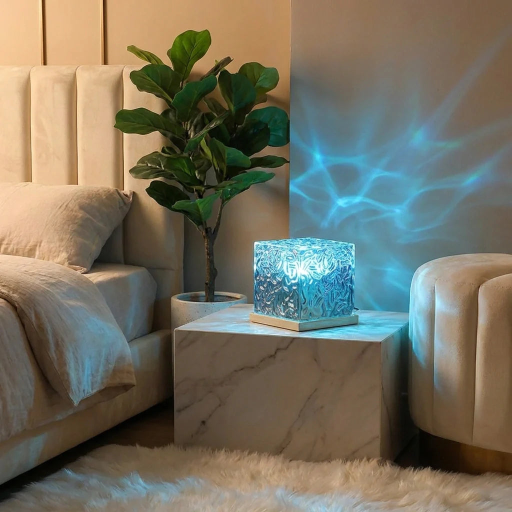 Crystal ripple night lamp with blue glowing patterned shade on a marble table