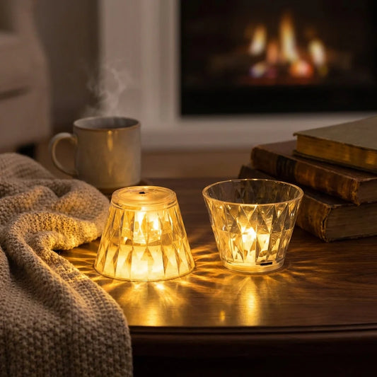 Cup-shaped crystal table lamp with faceted glass shade, warm glow