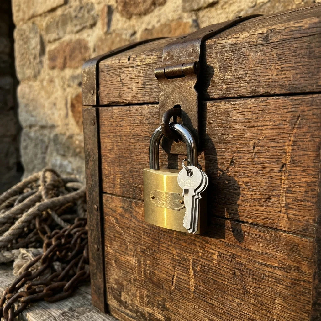 Brass cut-resistant padlock with shackle and key on a wooden box