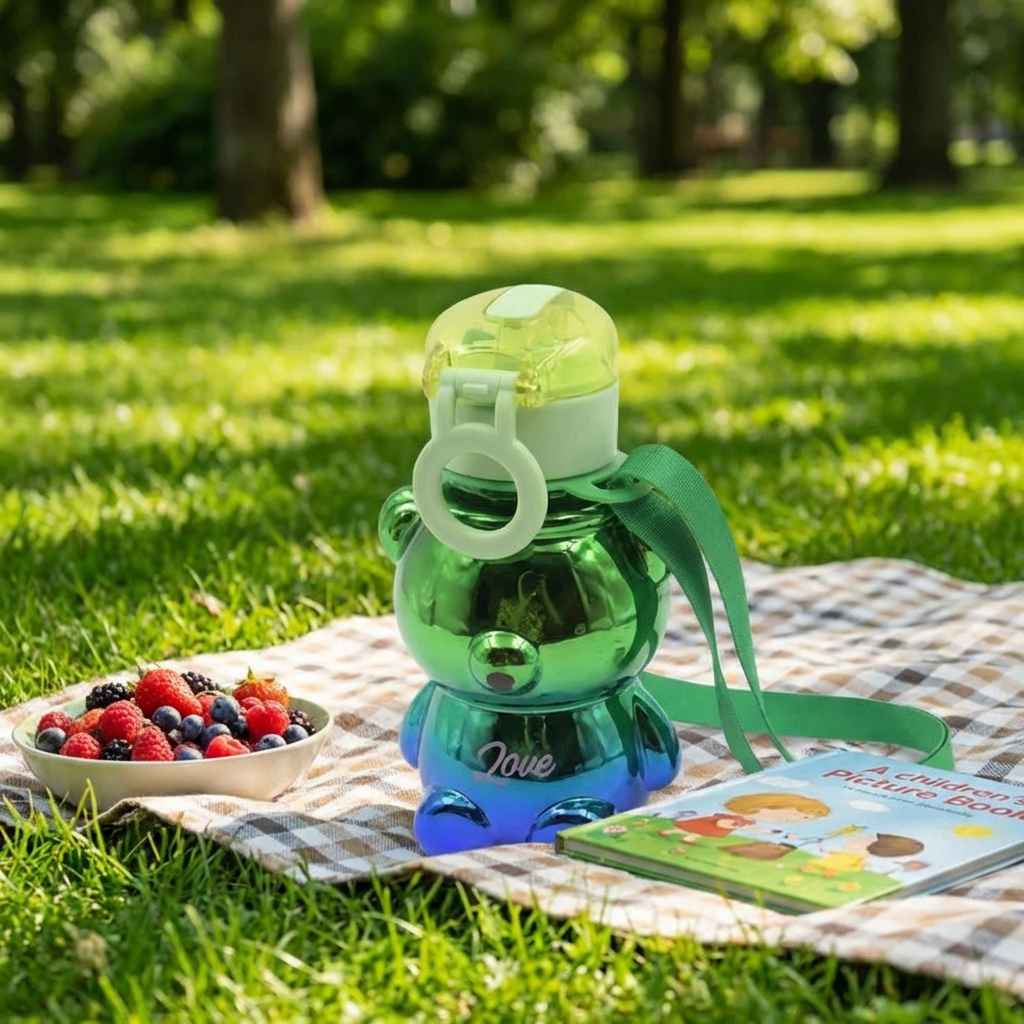 Kids green straw water bottle with carry strap and flip straw lid, bear-shaped silhouette