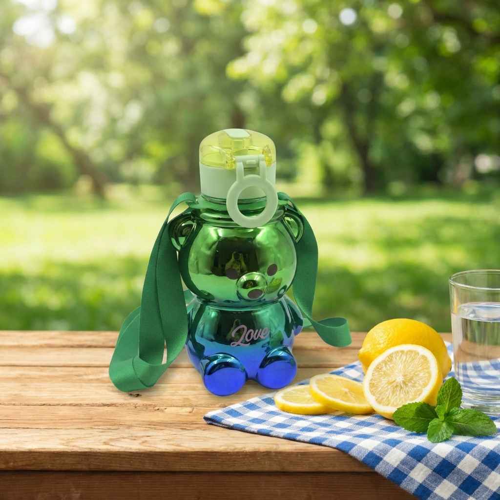 Kids green straw water bottle with flip straw lid and carry strap, blue base visible