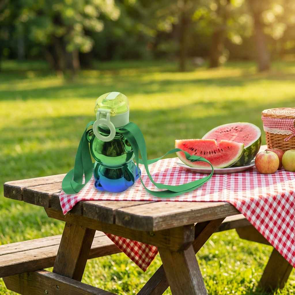 Kids green straw water bottle on picnic table with carry strap and flip straw lid