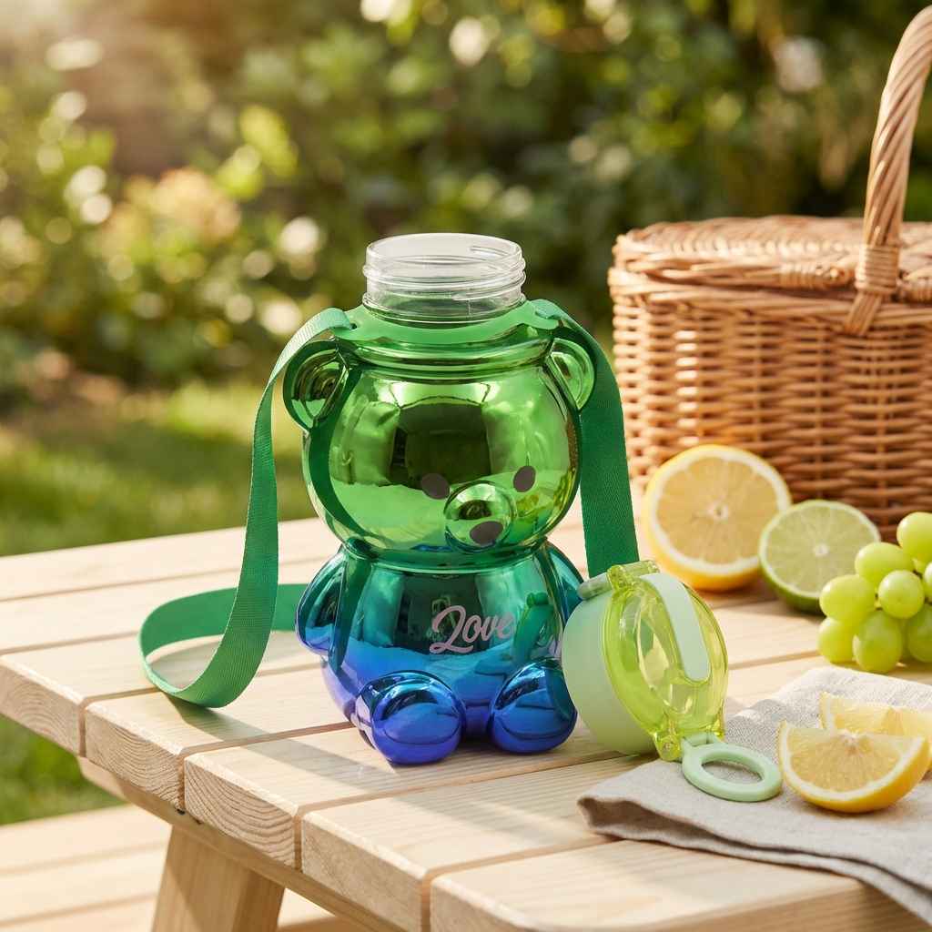Kids green straw water bottle with carry strap, blue base feet, and flip straw lid