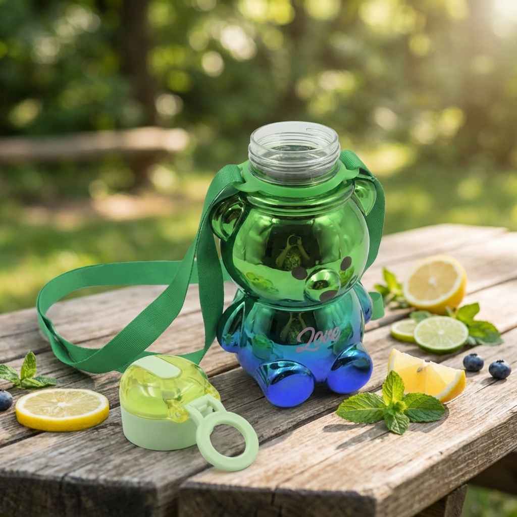 Kids green straw water bottle with carry strap and blue foot base, bear-shaped