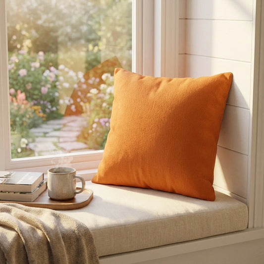 Orange square decorative pillow cover with smooth textured fabric.