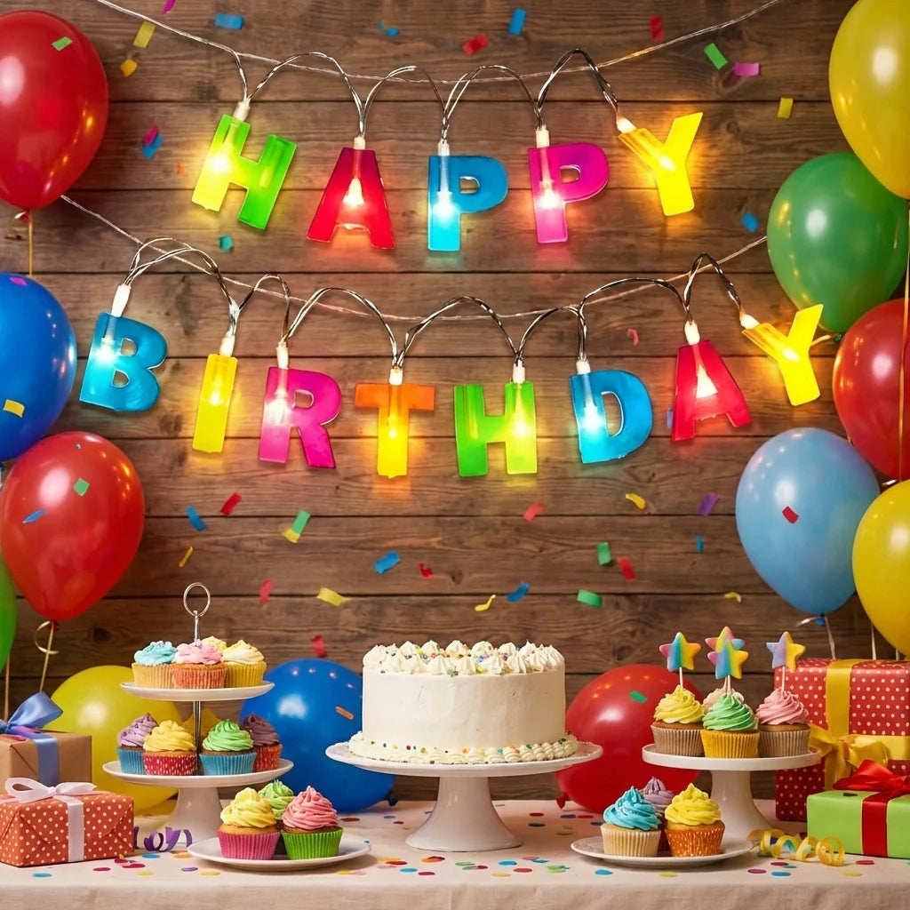 Multicolor plastic birthday light string with bulbs spelling HAPPY BIRTHDAY