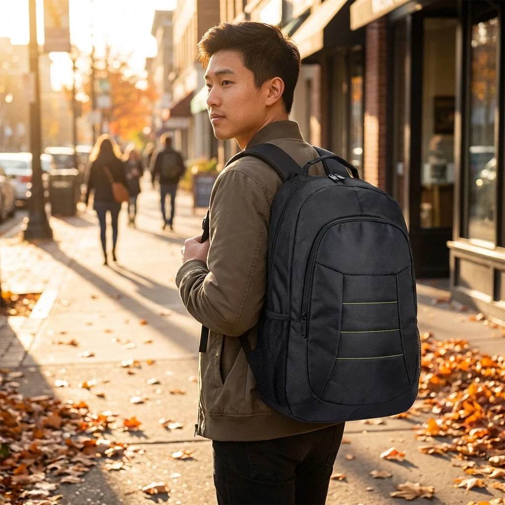 Black laptop backpack with zip front pocket, padded straps, and top handle