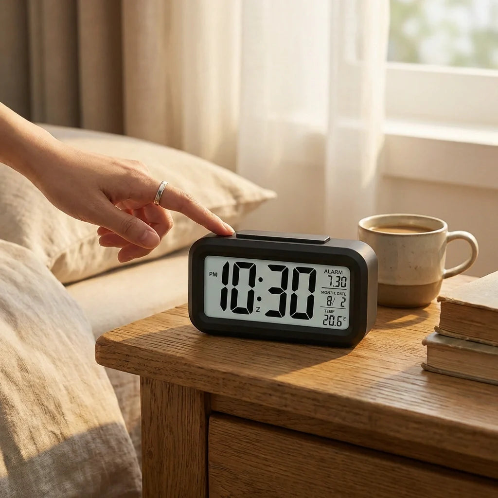 Digital alarm clock with black case and white LCD showing 12:30 and date