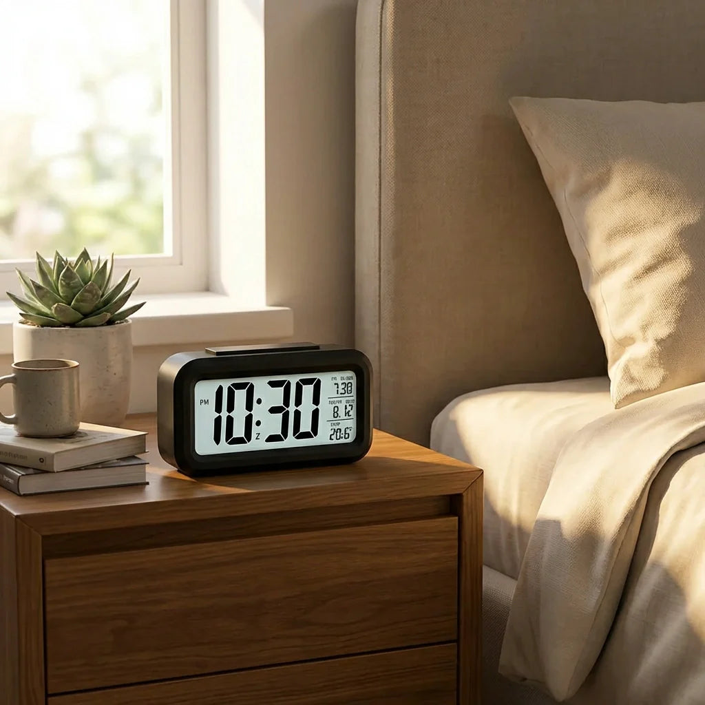 Digital alarm clock with black frame and white LCD displaying 11:37 PM and date