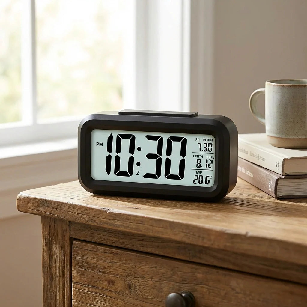 Digital alarm clock with black housing showing 11:30 and date 8/20