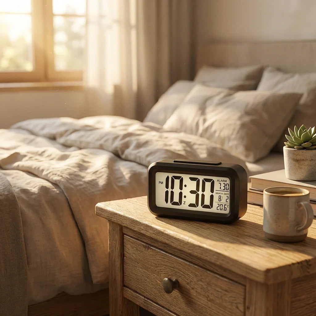Digital alarm clock with black case and white LCD showing 11:30 AM/PM and date