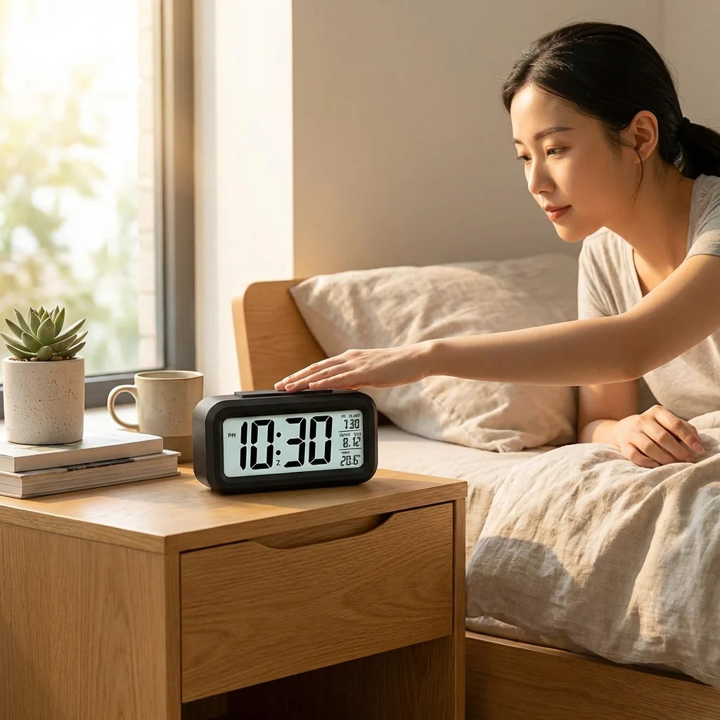 Digital alarm clock with black frame and white LCD showing 11:30 and date