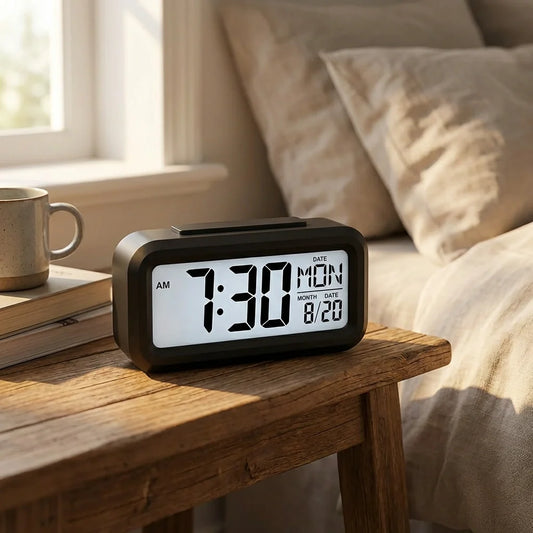 Digital alarm clock with black case and white LCD showing 1:30 and date 8/21