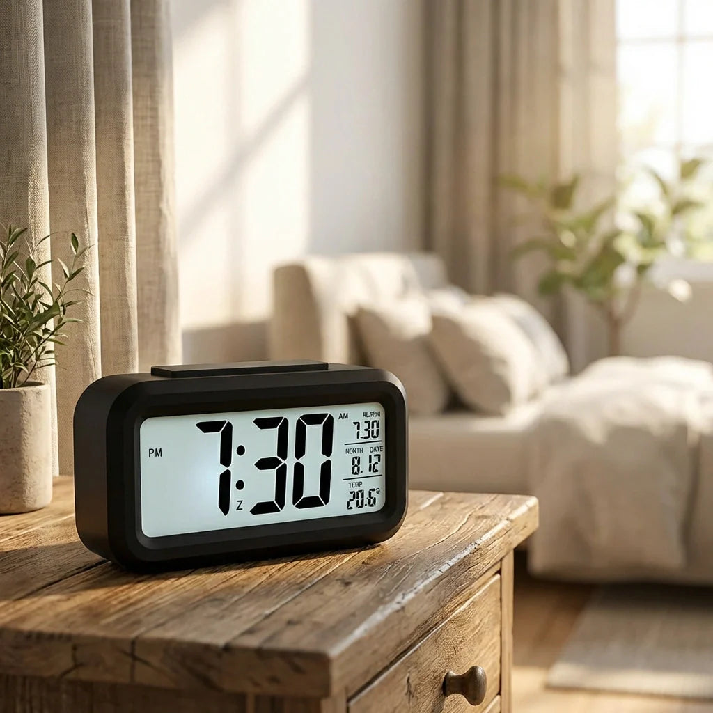 Digital alarm clock with black case and white LCD showing 1:30 and date