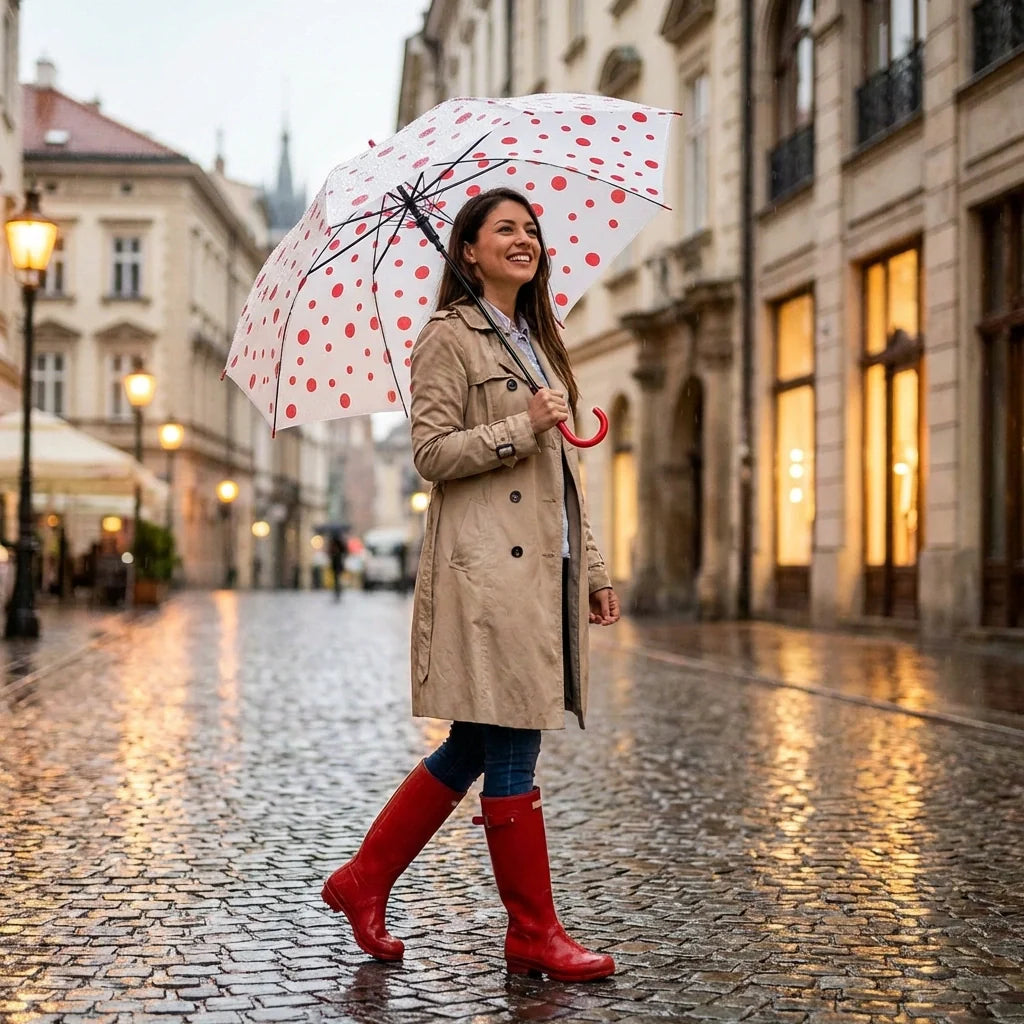 Dot-printed umbrella, white with red dots