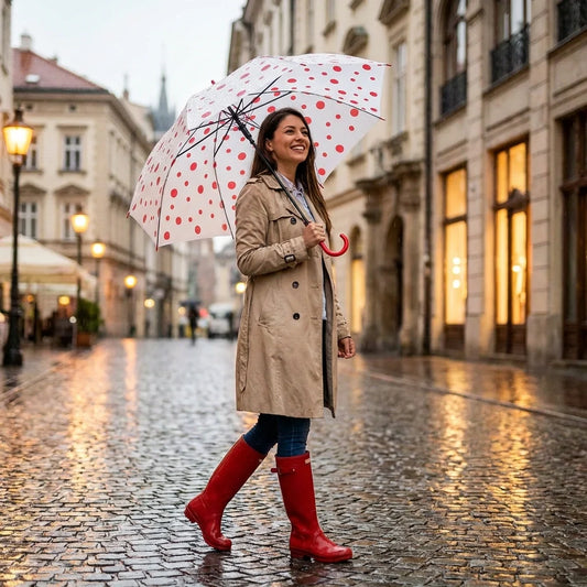 Dot-printed umbrella, white with red dots