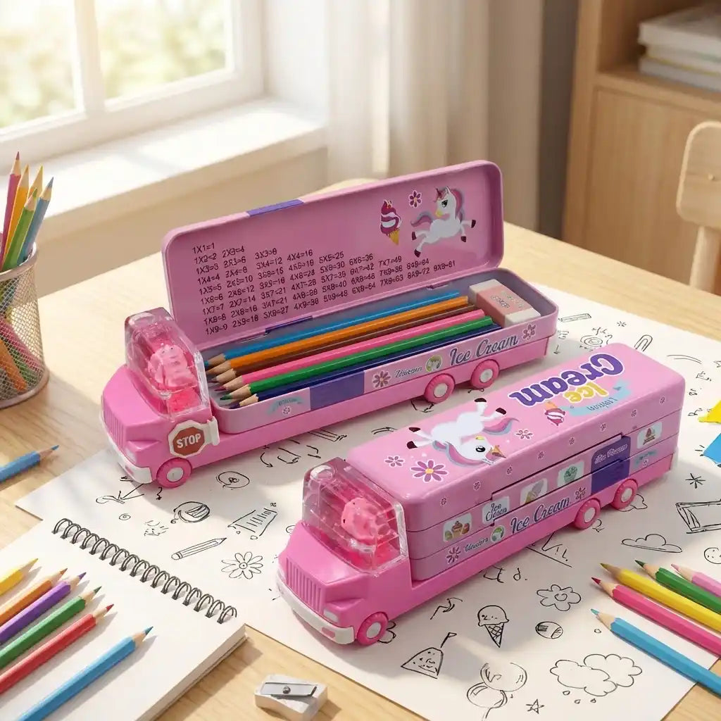 Double-decker ice cream truck pencil case, pink, open with rainbow-colored pencils and label panel