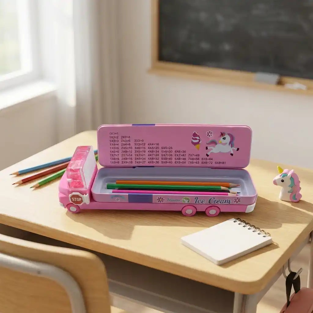 Double-decker ice cream truck pencil case, pink, open view with colored pencils and eraser