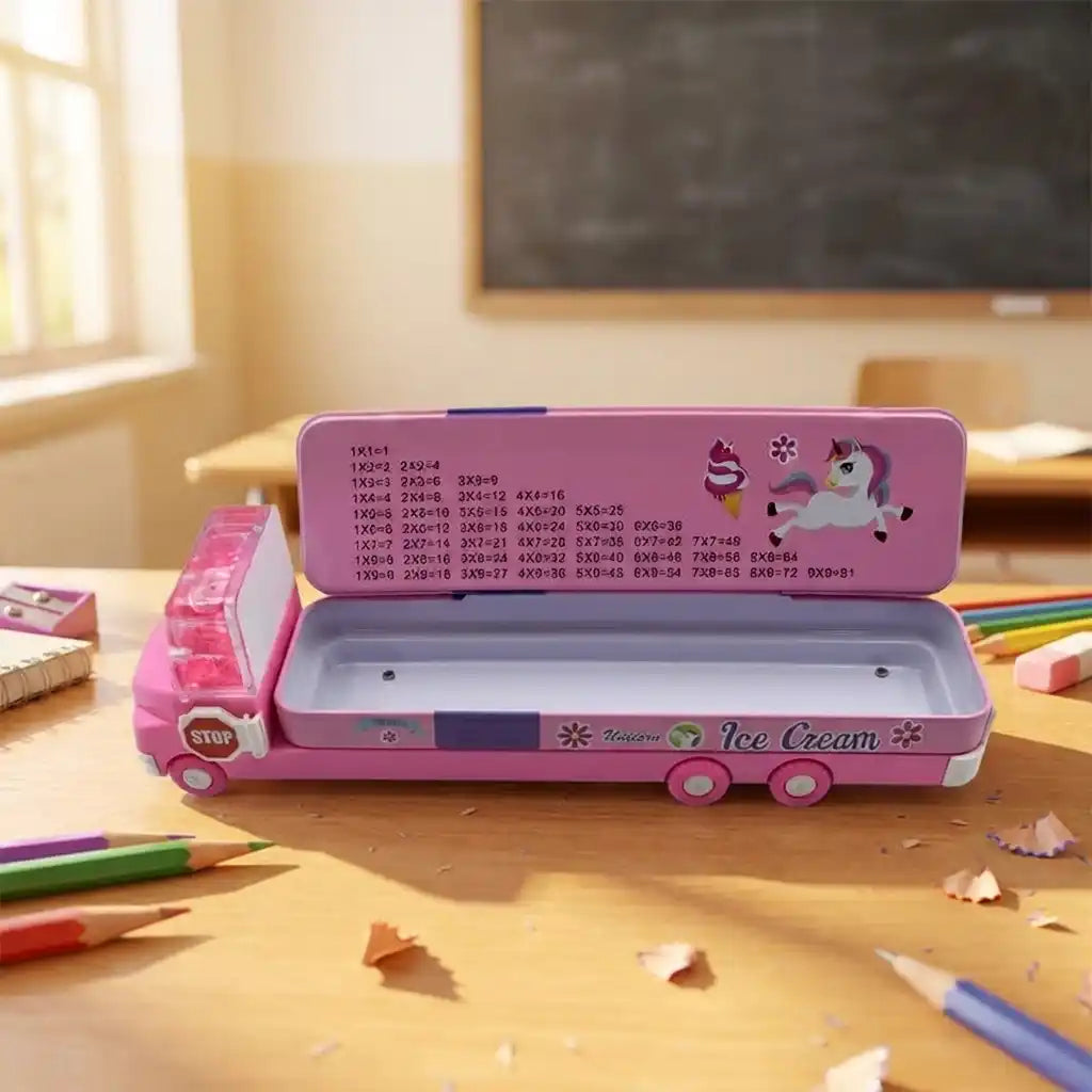 Double-decker ice cream truck pencil case, pink, open tray with pencil sticks inside