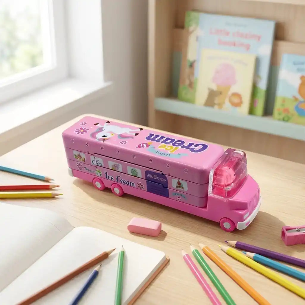 Double-decker ice cream truck pencil case, pink with unicorn art, closed lid on desk