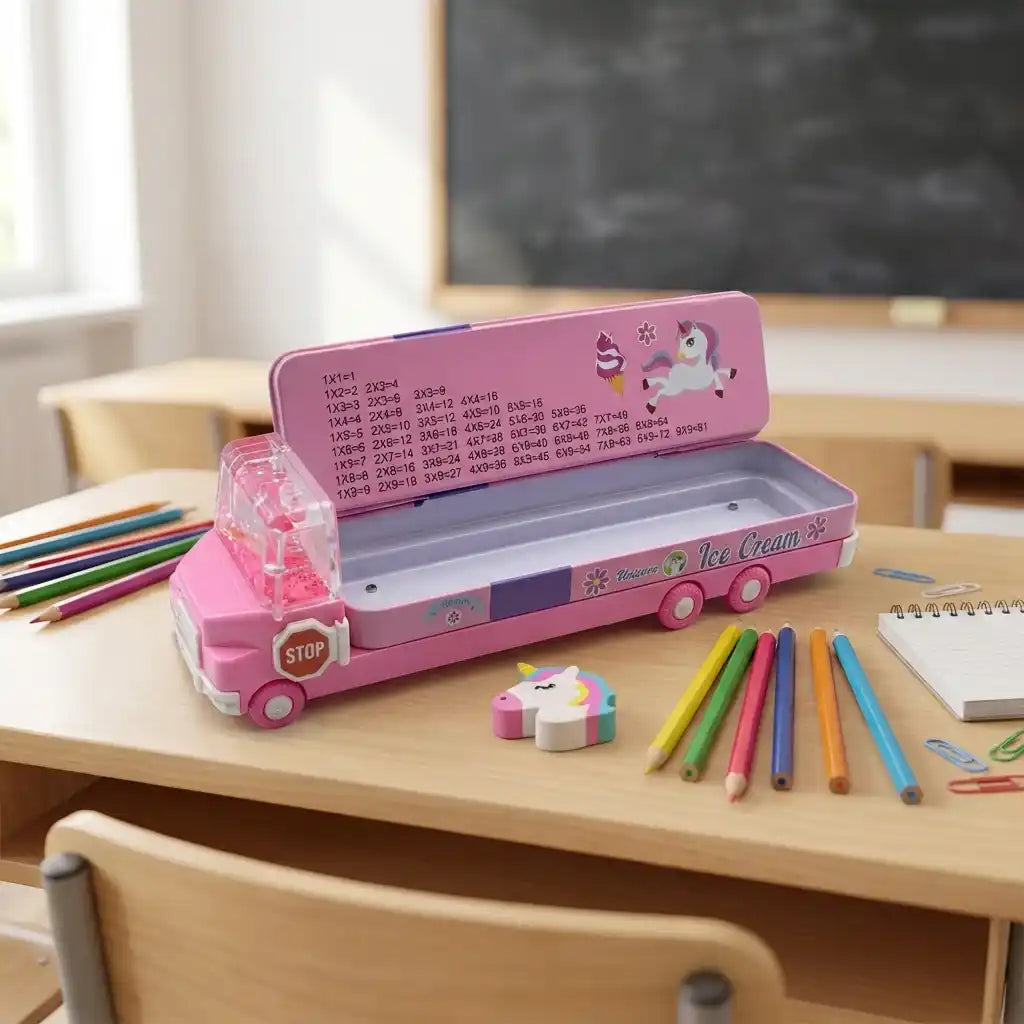 Double-decker ice cream truck pencil case, pink, open with pencils and clear front detail