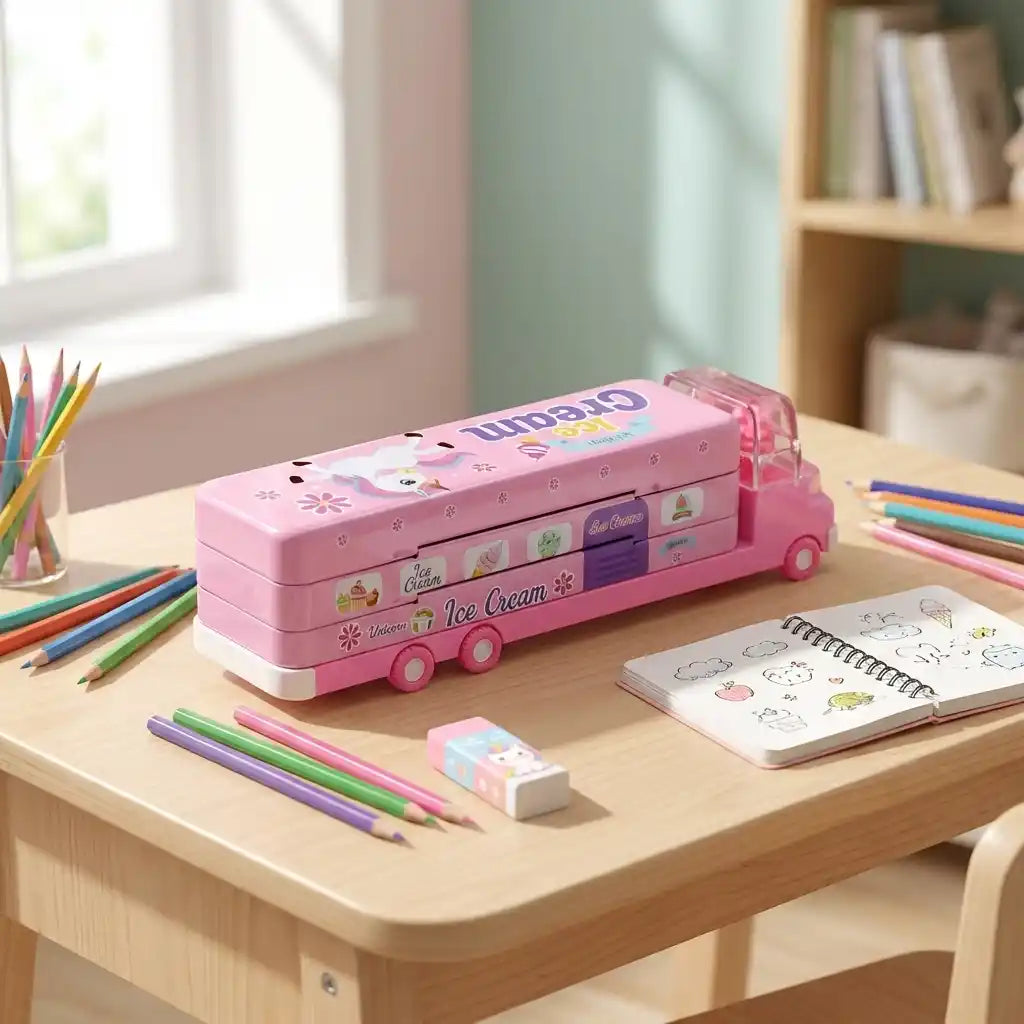 Double-decker ice cream truck pencil case, pink with unicorn graphics, clear side handle