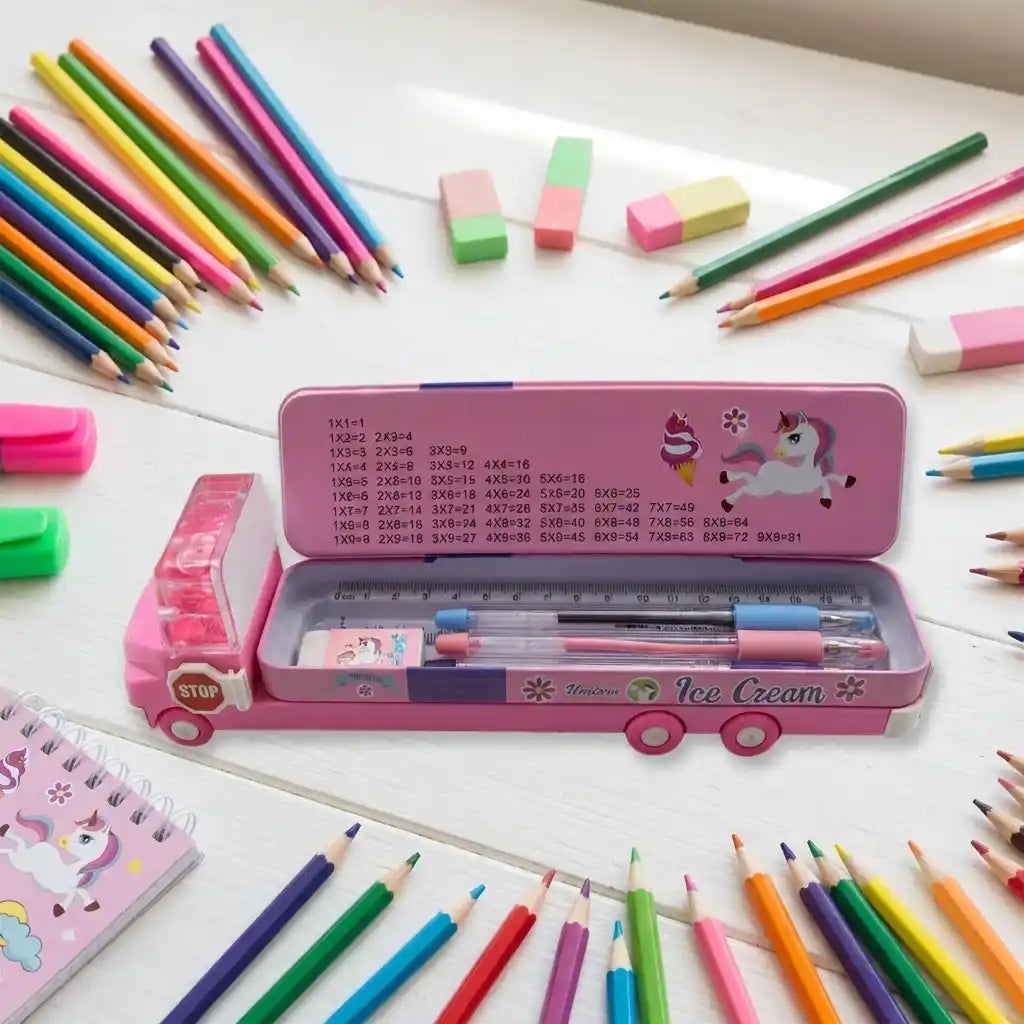 Double-decker ice cream truck pencil case, pink, open with pencils on white surface