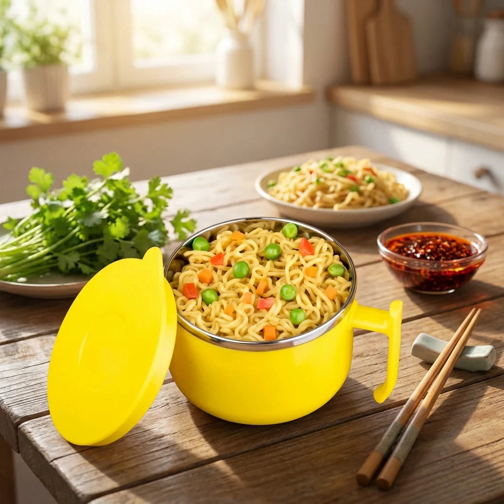 Yellow double-layer bowl with lid and side handle, filled with noodles