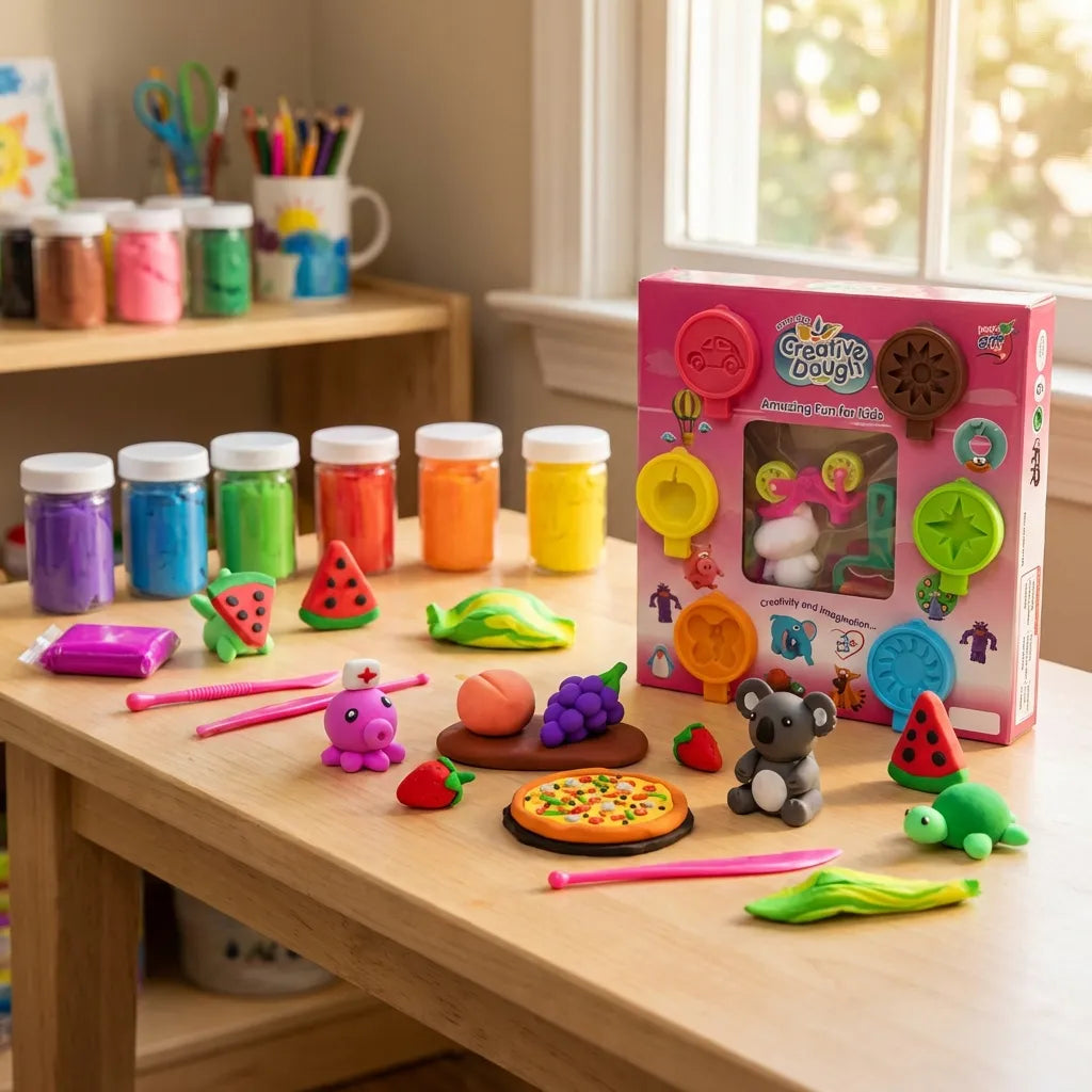 Play dough set box with colored clay jars, molds, and sculpted food pieces.