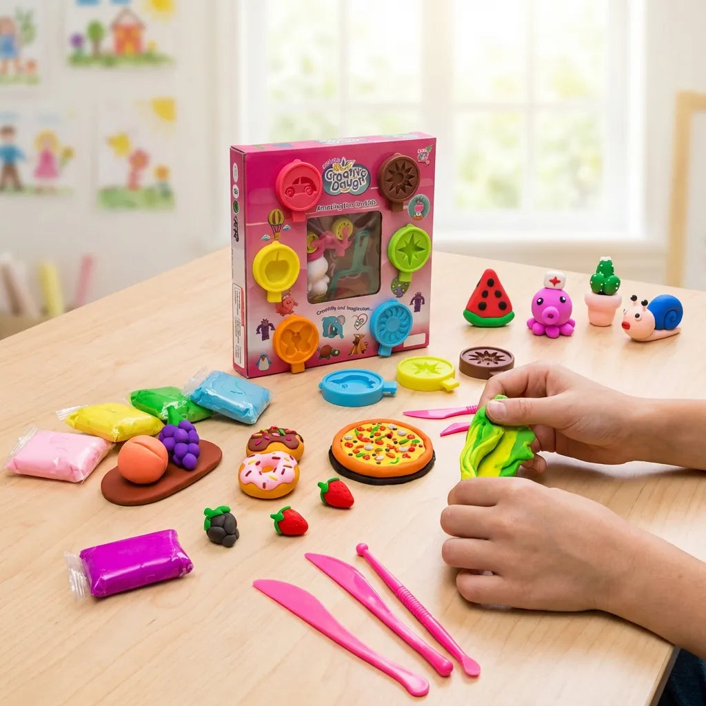 Play dough set with box, animal and food pieces, and hands molding green clay.
